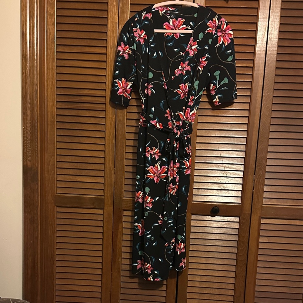 INC International Concepts Black & Pink Floral Wrap Midi Dress | Size S